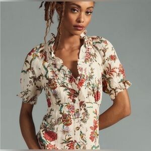 Pilcro Ruffle Collar Button Down Floral Linen Shirt Dress Size 6